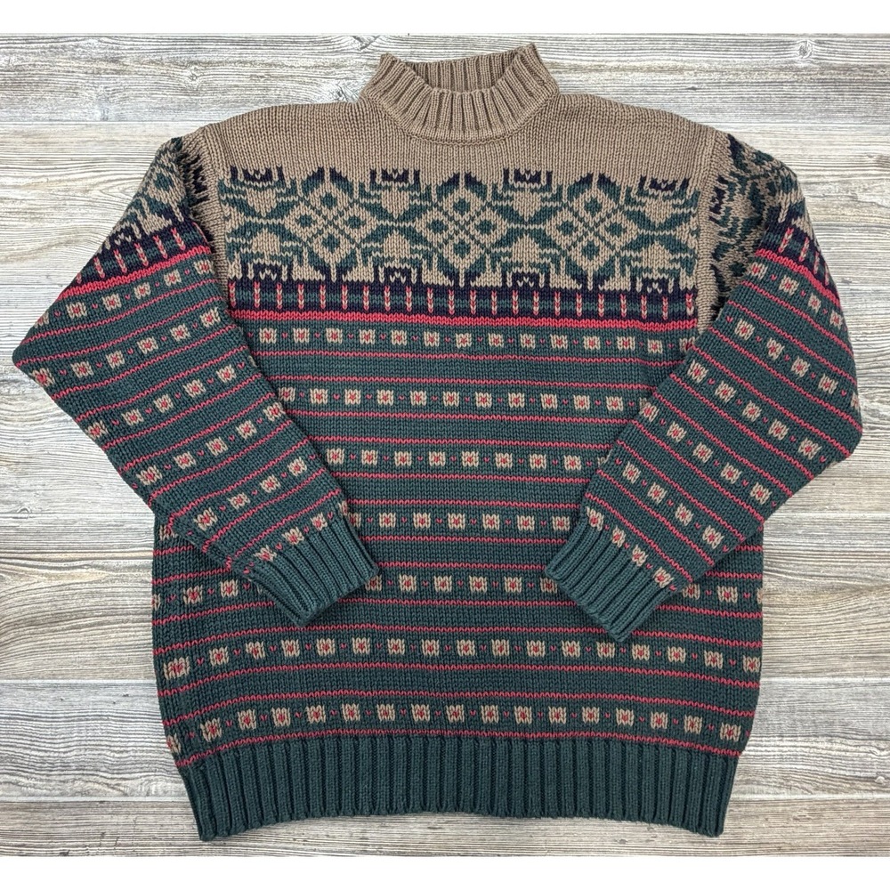 Vtg Eddie Bauer Men's L Fair Isle Cotton Knit Sweater Cabincore Dad Sweater
